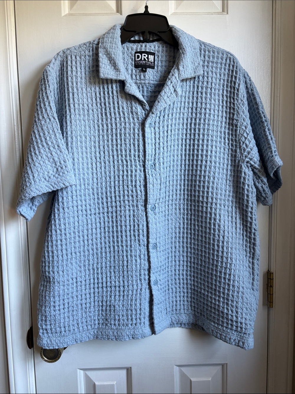 Essentials Light Blue Short Sleeve Waffle Cotton Button Down Shirt